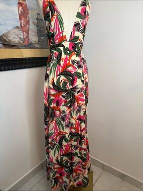 Maaji Cream Maxi Dress with Pink, Green & Orange Tropical Print